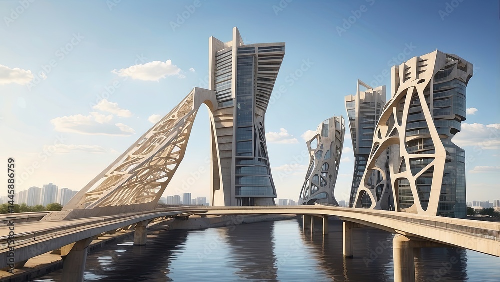 Fototapeta premium A modern suspension bridge illuminated at night,