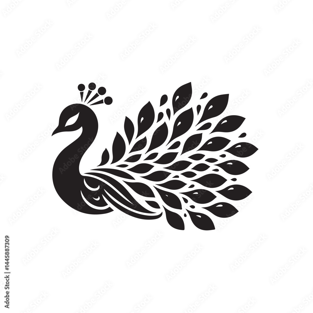 Obraz premium Peacock Silhouette with Closed Tail, Simple Vector Shape