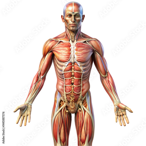 Human Anatomy Detailed 3D Model of Muscular and Skeletal System isolated on transparent background