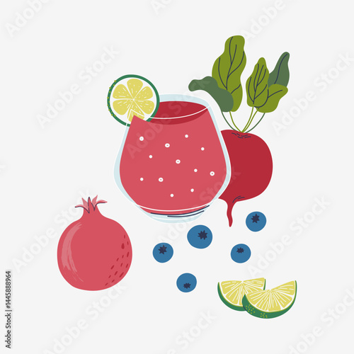 Glass of red drink, fruits, berries, vegetable. Healthy vegan smoothie, including blueberry, beetroot, pomegranate, lime. Menu element for cafe, restaurant. Flat design vector illustration.
