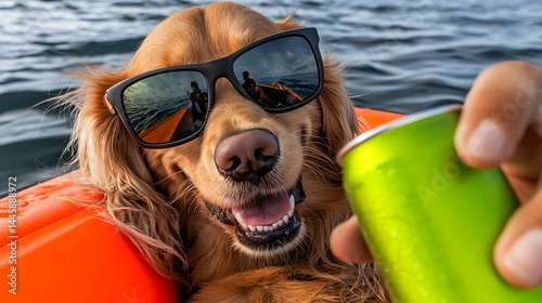 Happy dog wearing sunglasses enjoying a drink on a kayak in a serene lake setting