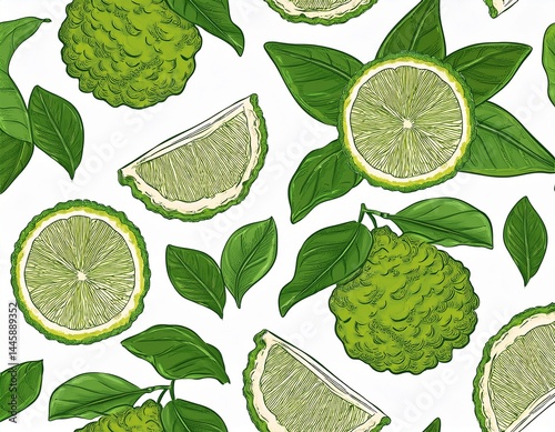seamless pattern with bergamot orange drawing citrus tree branch with fruits and green leaves at white background hand drawn illustration