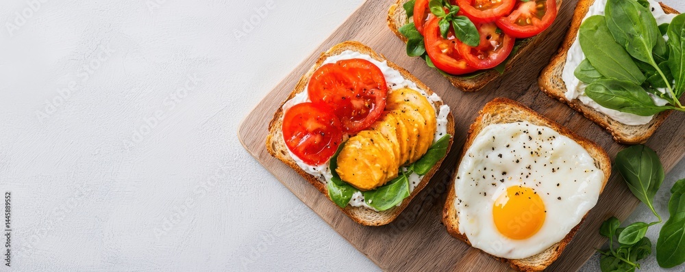 Assorted open-faced sandwiches with vegetables and a sunny-side-up egg on a wooden board. Assorted open-faced sandwiches with vegetables and a sunny-side-up egg on a wooden board.