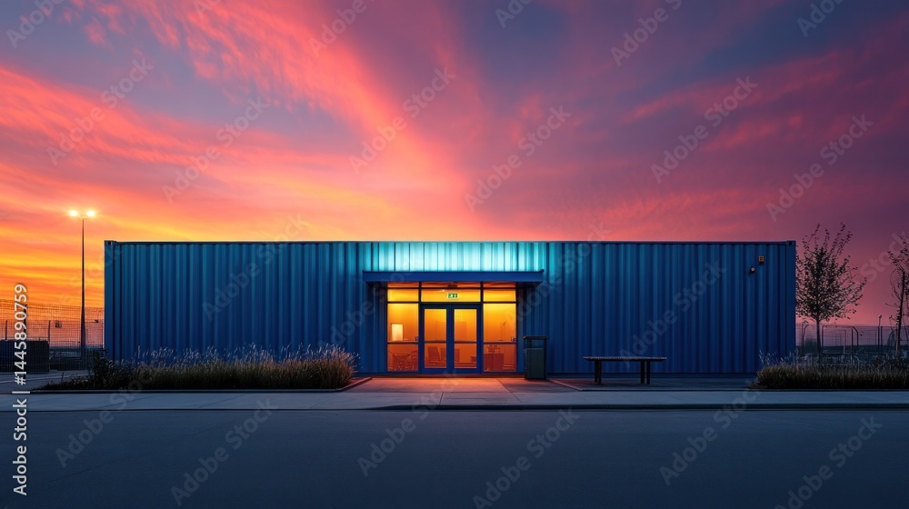 Obraz premium Vibrant sunset sky reflecting off the sleek minimalist exterior of a modern industrial warehouse building creating a dramatic atmospheric scene with geometric patterns and symmetrical design elements