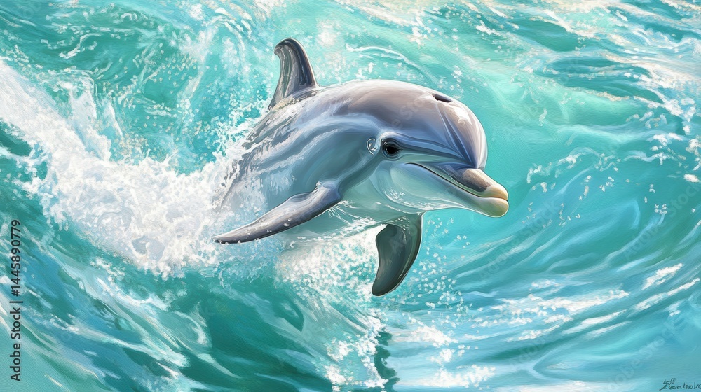 Fototapeta premium A playful dolphin leaps from turquoise ocean waves, sunlight glistening on its sleek body.