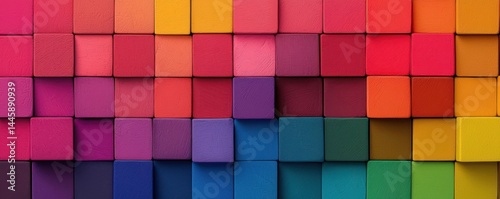 A vibrant arrangement of colorful square blocks creating a striking geometric pattern.