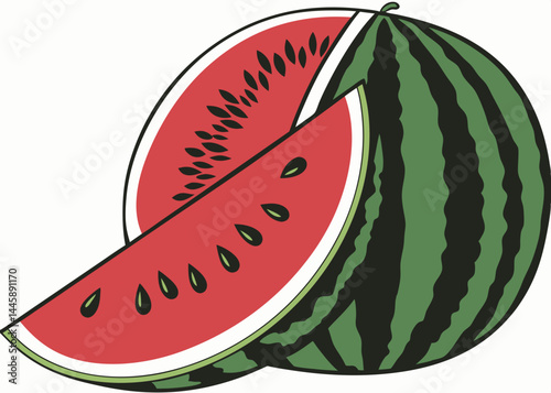 A vibrant vector illustration depicts a fresh, juicy red slice of watermelon, a sweet summer fruit