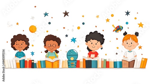 Children Reading Books Surrounded By Stars And Planets