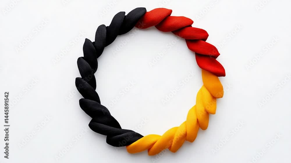 Colorful wreath made of interwoven shapes in black, red, and yellow colors on a clean white background