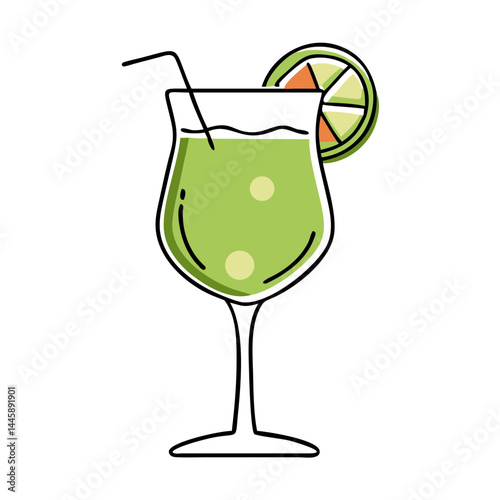 Green tropical cocktail glass with citrus slice and straw