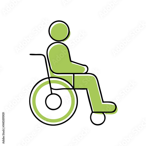 Seated person in wheelchair icon in green cartoon line style