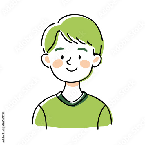 Smiling young boy with green hair in cartoon illustration style