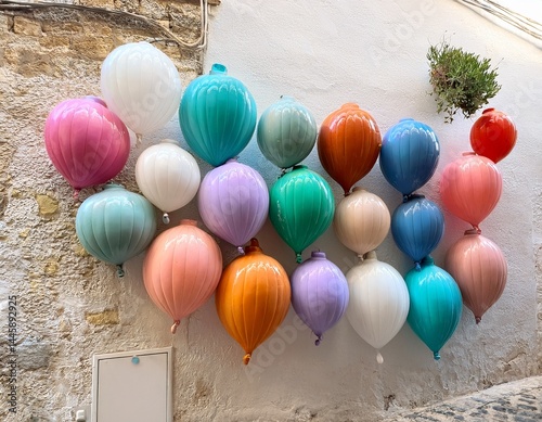 colorful ceramic balloons wall decoration in various pastel shades against white wall in monopoli old town puglia creative urban art installation in southern italy