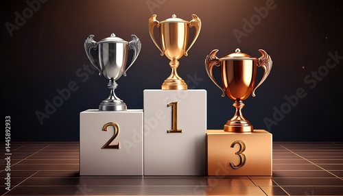 winners podium with 3 cups gold silver and bronze isolated background