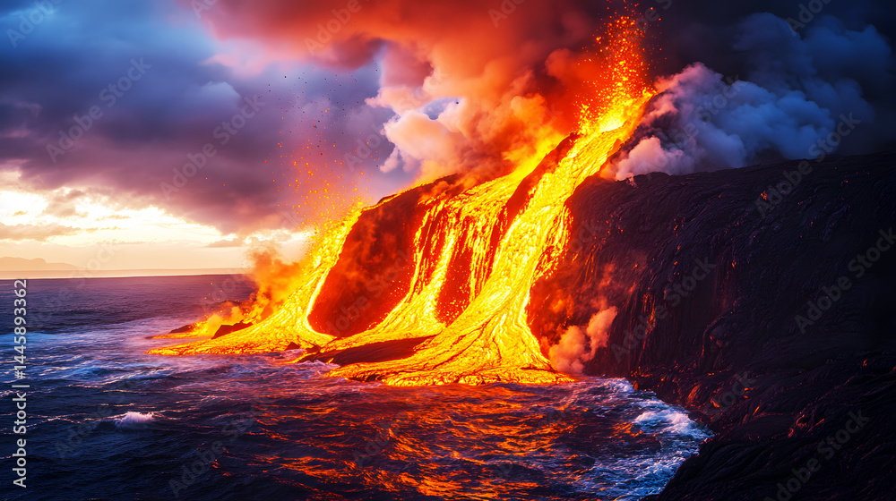 Fototapeta premium Volcanic Eruption with Molten Lava and Smoke
