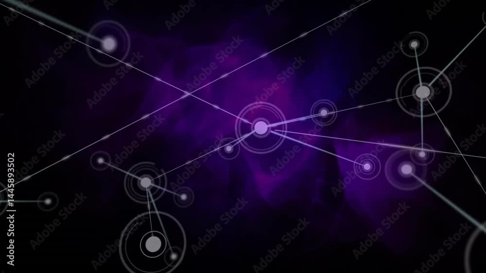 Showing abstract glowing nodes floating in interconnected rings with thin lines over purple nebula Showing abstract glowing nodes floating in interconnected rings with thin lines over purple nebula