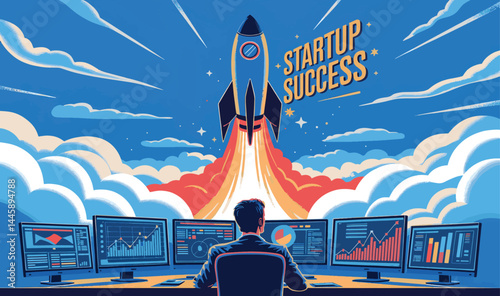 Startup Success: A visionary entrepreneur navigates a dynamic digital interface, with a rocket soaring into the future under a banner of "Startup Success".