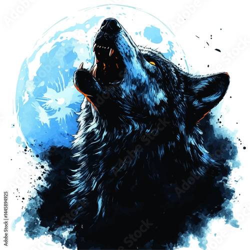 Wolf Howling At The Moon, watercolor vector, isolated on a white background.