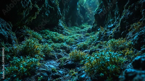 Bioluminescent moss and microchips intertwine on dark rock in a glowing cavern, hinting at nature and tech fusion.