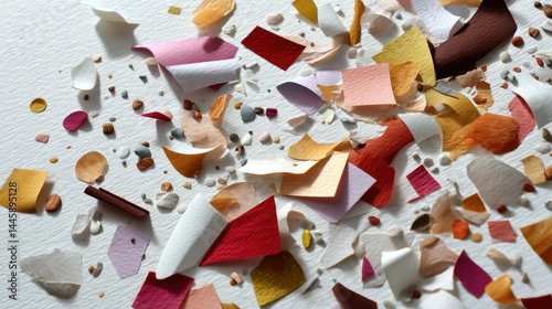 Scattered Paper Fragments: An abstract display of vibrant paper fragments, meticulously arranged to showcase a range of textures and hues, is a testament to the beauty found in the small things. 