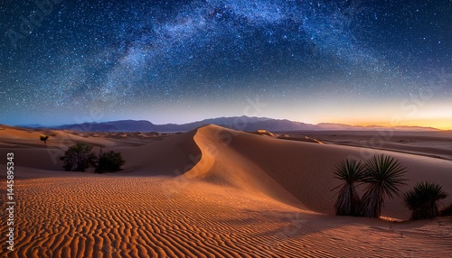fantastic dunes in the desert at night with sparkling stars with an oasis