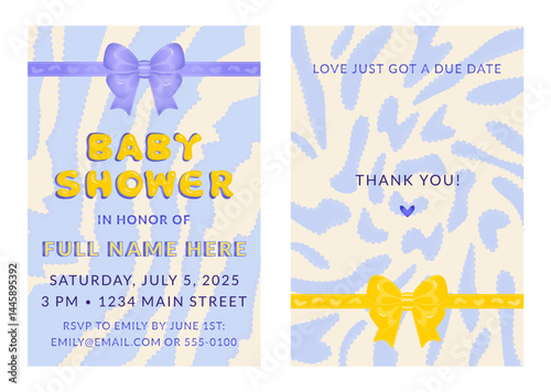 Baby shower invitation template and thank you card. Two-sided baby shower card in y2k style, holiday party bundle with front and back side. Vector set with yellow bubble balloon font text on light bac