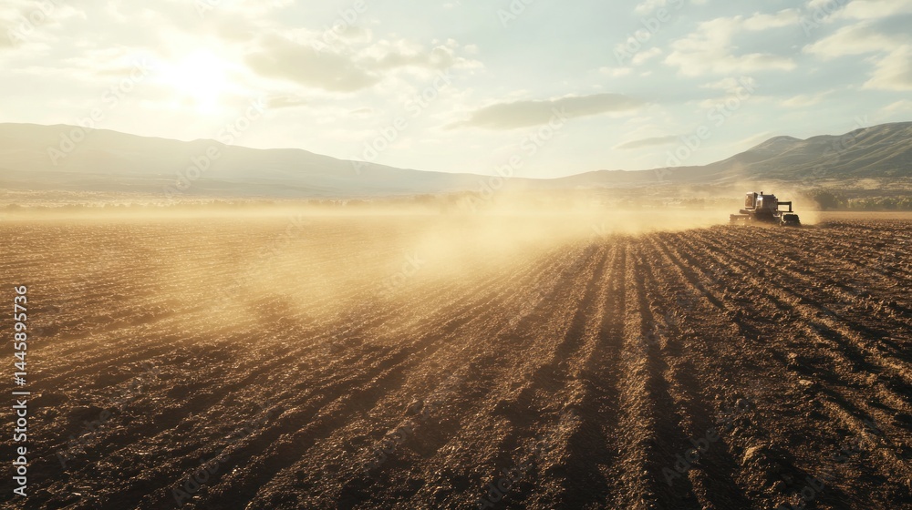 A tractor plows a field at sunset, raising dust