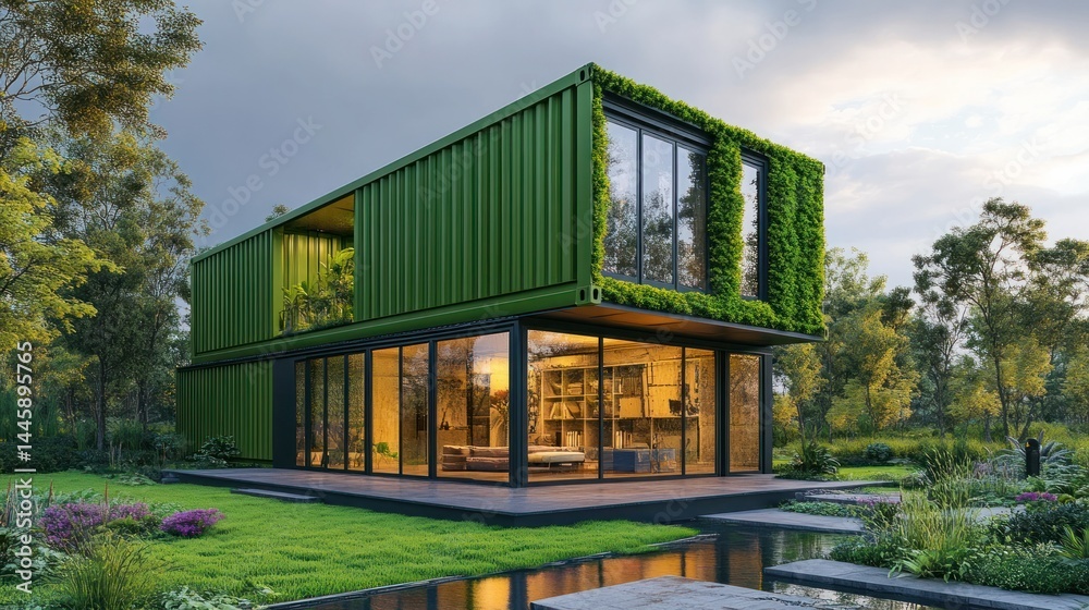 Obraz premium Sustainable modular prefab home with contemporary glass and wood design nestled in a lush natural landscape