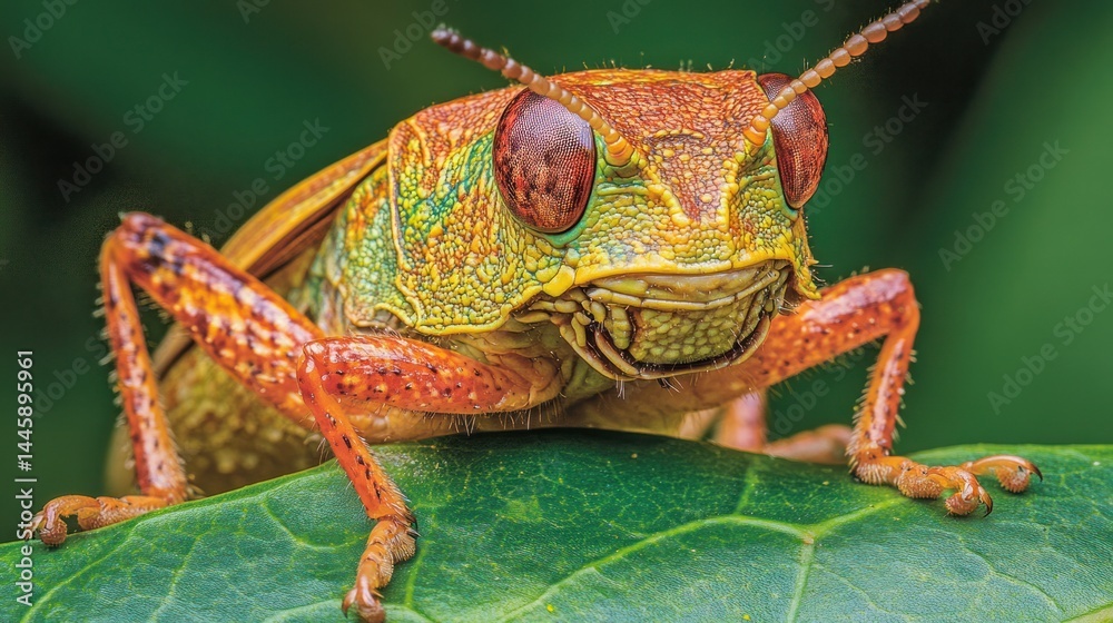 Fototapeta premium Grasshopper perched, orange, green, detailed on green leaf