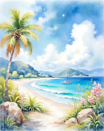 Fototapeta Naklejka Na Ścianę i Meble -  Tropical Beach Scene: Watercolor Painting of a Secluded Cove