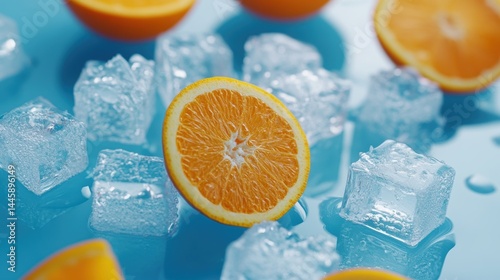 Refreshing half of orange with chilling ice cubes on blue background with cool sweet aroma studio shoot