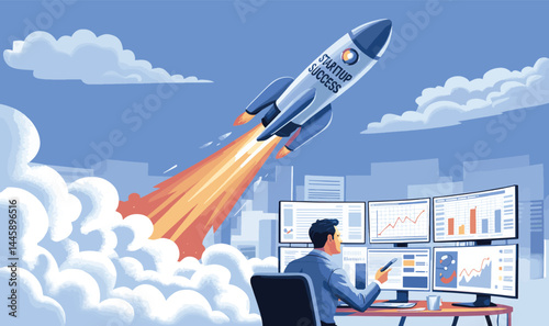 Startup Success: A dynamic illustration captures the exciting moment of a startup's launch, visualizing the innovative journey ahead and the path to financial growth
