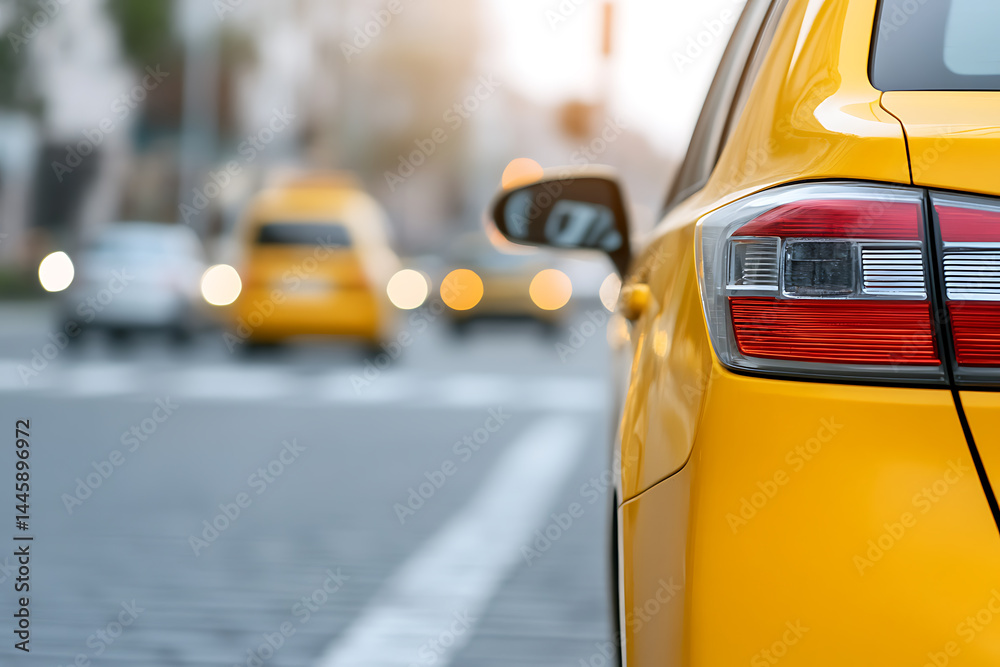 Fototapeta premium Taxi detail: close-up of a yellow taxi's rear, showing the taillight and side. The city street is visible in the background, with other vehicles.