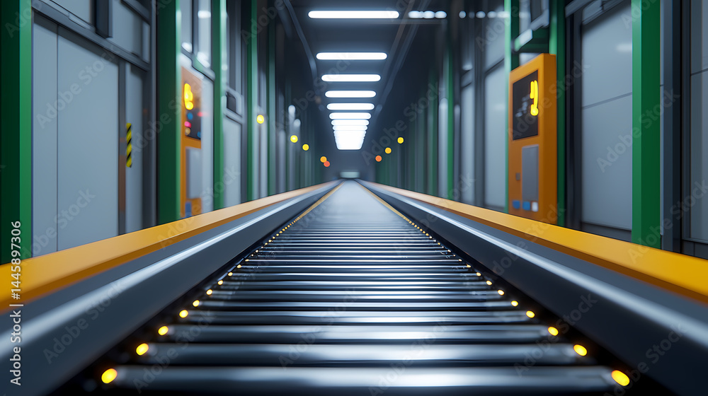 Fototapeta premium A brightly lit, modern industrial conveyor belt system inside a clean, high-tech facility.