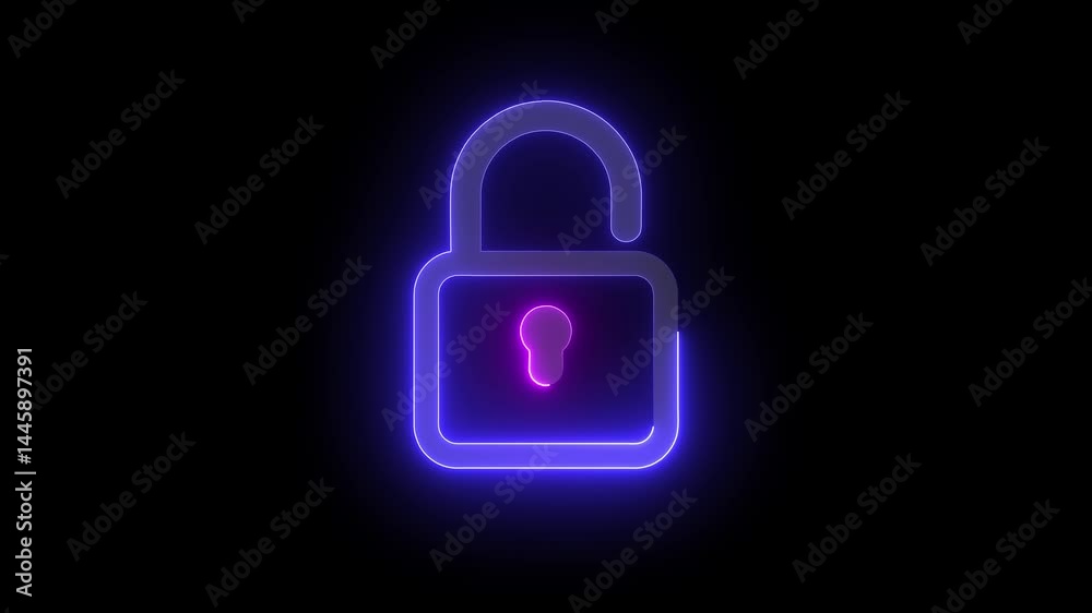 Neon security icon animated. padlock icon, protection concept. protection safety security privacy password circle closed animated sign symbol. on black background Neon security icon animated. padlock icon, protection concept. protection safety security privacy password circle closed animated sign symbol. on black background