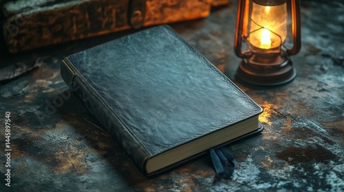Dark leather journal rests on rustic surface, illuminated by kerosene lamp.