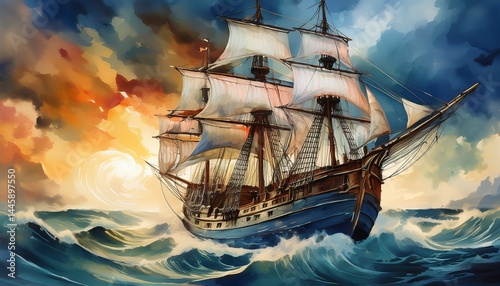 watercolor colorful illustration artwork background of an old sailing ship in a stormy sea