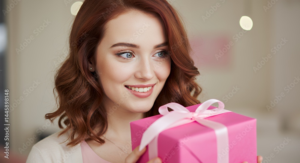 Happy Young Woman with Red Hair Receiving a Pink Gift Box Happy Young Woman with Red Hair Receiving a Pink Gift Box