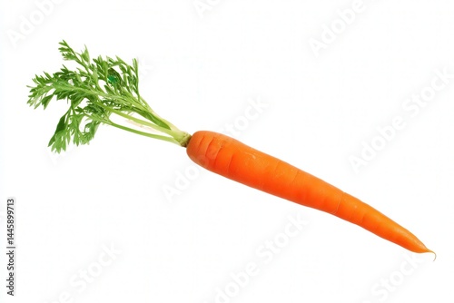 Whole orange carrot with top on white background, fresh root vegetable
