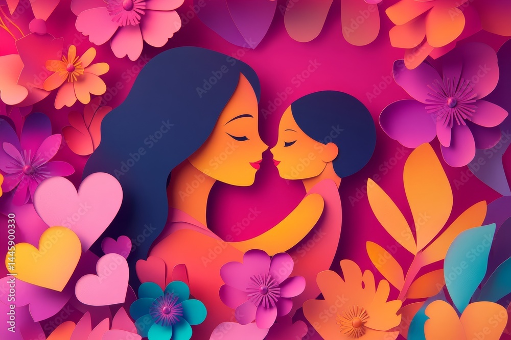 Affectionate mother and child surrounded by vibrant floral design. Affectionate mother and child surrounded by vibrant floral design.