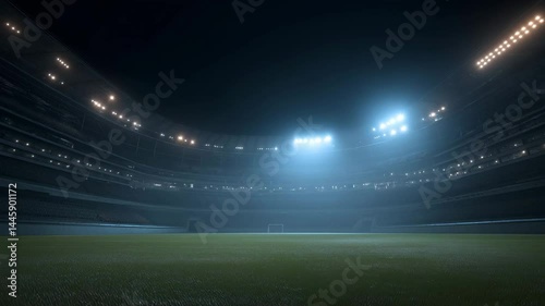 A breathtaking aerial view of a massive soccer stadium at night, glowing floodlights, roaring crowd, cinematic atmosphere, ultra-realistic visuals, and grand championship energy.

