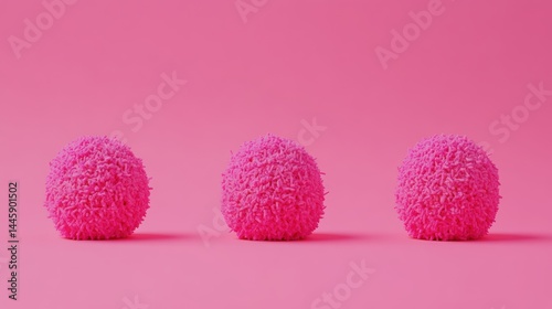 Three surreal magenta textured spheres on a pink background creating a modern minimalistic scene