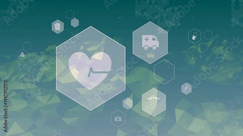 Large translucent hexagon featuring white ECG heart line floating over teal scene with health icons