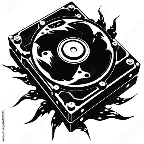 Stylized Hard Drive Illustration Black and White Digital Data Storage Graphic