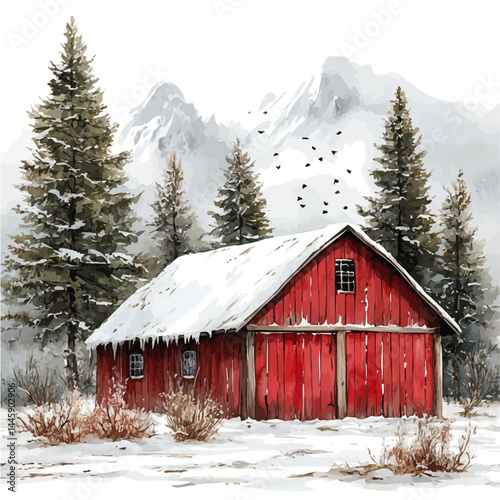 Winter Landscape With A Red Barn, watercolor vector, isolated on a white background.