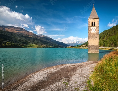 campanile lake resia val venosta south tyrol italy