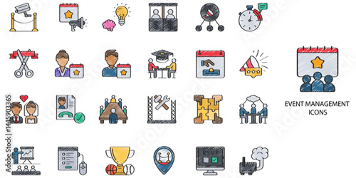 Event Management simple concept 24 hand drawn color icons set. Contains such management, event, agency .Vector illustration.