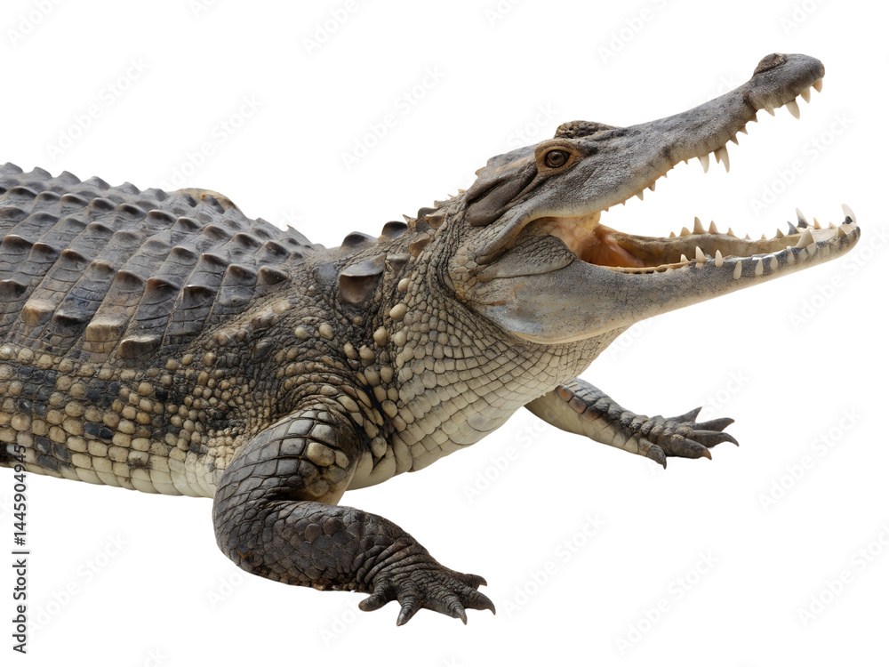Open-Mouthed Crocodile with Textured Scales Isolate on transparent background cutout, PNG file, Cutout file