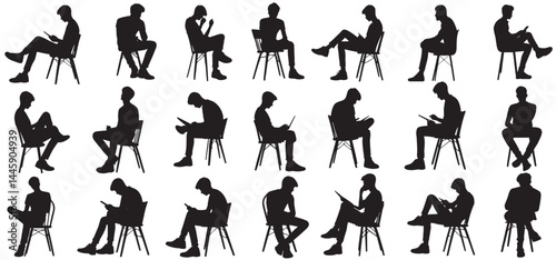 Set of silhouettes people sitting in different poses vector. Silhouettes of people reading books