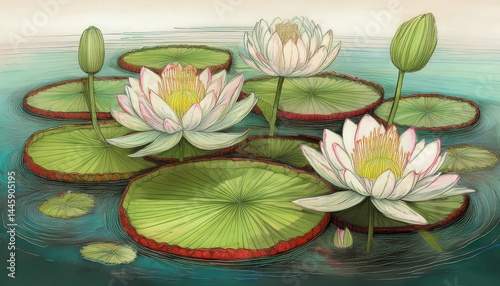 drawing victoria regia flowers and leaves victoria amazonica water lily hand drawn illustration